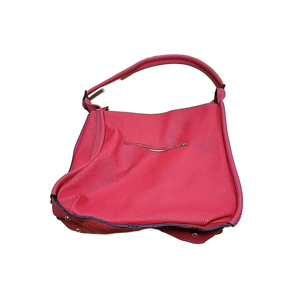 Womens Red Pebbled Faux Leather Studded Hobo Shoulder Bag Slouchy Tote